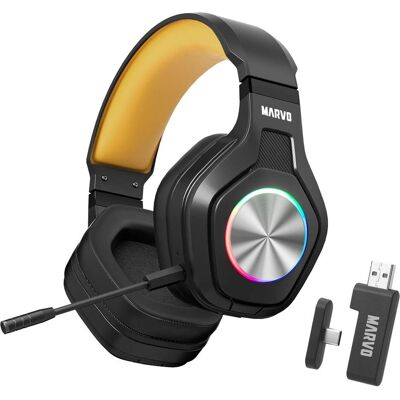 Marvo Pulz 80 W sans fil, noir (Filaire, Sans fil), Casque gaming, Noir, Jaune, Argent - Publicité Marvo Pulz 80 W sans fil, noir (Filaire, Sans fil), Casque gaming, Noir, Jaune, Argent - Publicité