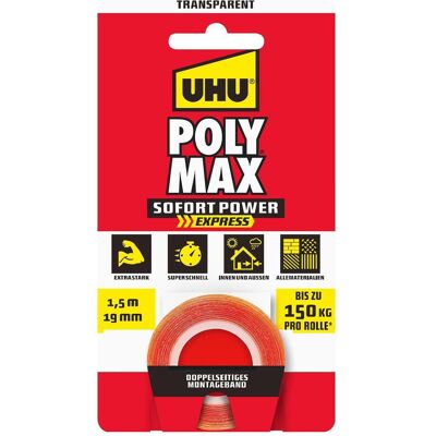 UHU, Ruban adhésif, Poly Max SOFORTPOWER Tape transparent 1 5m (19 mm) - Publicité UHU, Ruban adhésif, Poly Max SOFORTPOWER Tape transparent 1 5m (19 mm) - Publicité