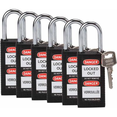 Brady, Cadenas, Serrure de sécurité standard avec anse en acier, noire, hauteur de l'anse 38mm, corps long, 6,5mm B - Publicité Brady, Cadenas, Serrure de sécurité standard avec anse en acier, noire, hauteur de l'anse 38mm, corps long, 6,5mm B - Publicité