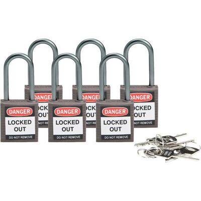 Brady, Cadenas, Serrure de sécurité compacte en nylon, gris, hauteur de la poignée 38mm, poignée en aluminium 4,7mm - Publicité Brady, Cadenas, Serrure de sécurité compacte en nylon, gris, hauteur de la poignée 38mm, poignée en aluminium 4,7mm - Publicité