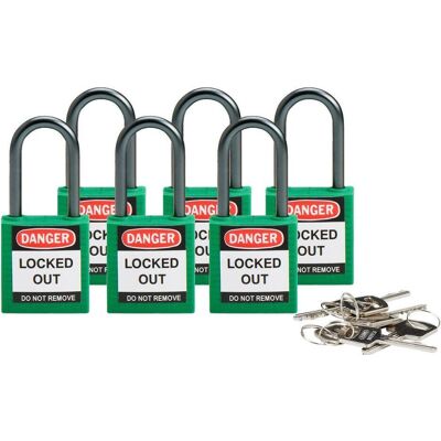 Brady, Cadenas, serrure de sécurité compacte en nylon, vert, hauteur de la poignée 38mm, anse en aluminium 4,7mm - Publicité Brady, Cadenas, serrure de sécurité compacte en nylon, vert, hauteur de la poignée 38mm, anse en aluminium 4,7mm - Publicité