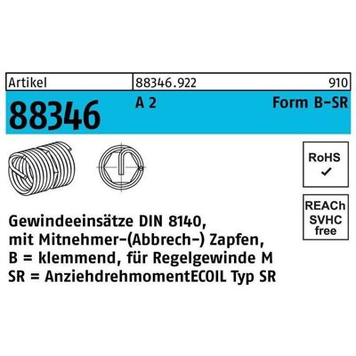 Amecoil Modèle 88346 A 2 - Insert de filetage DIN 8140 - Pack de 10 - Publicité Amecoil Modèle 88346 A 2 - Insert de filetage DIN 8140 - Pack de 10 - Publicité