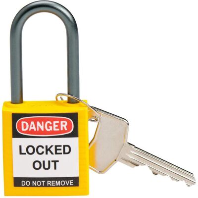 Brady, Cadenas, Serrure de sécurité compacte en nylon, jaune, hauteur d'anse 38 mm, anse en aluminium 4,7 mm (à clé) - Publicité Brady, Cadenas, Serrure de sécurité compacte en nylon, jaune, hauteur d'anse 38 mm, anse en aluminium 4,7 mm (à clé) - Publicité