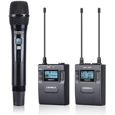Comica Microphone sans fil UHF en métal avec un émetteur, un récepteur et un émetteur portatif sans fil, Microphone - Publicité Comica Microphone sans fil UHF en métal avec un émetteur, un récepteur et un émetteur portatif sans fil, Microphone - Publicité