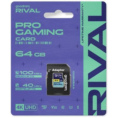 Goodram microSDXC 64GB V30 UHS I U3 RIVAL + adapter (64 Go, microSDXC, U3, UHS-I), Carte mémoire, Bleu - Publicité Goodram microSDXC 64GB V30 UHS I U3 RIVAL + adapter (64 Go, microSDXC, U3, UHS-I), Carte mémoire, Bleu - Publicité