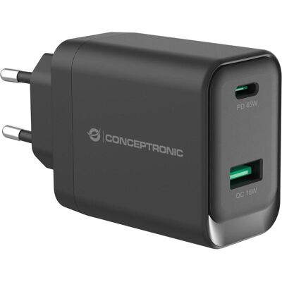 Conceptronic Ladegerät 2Port GaN USB-C PD3.0+USB-A QC3.0 sw (45 W, 2 ports), Chargeur USB, Noir - Publicité Conceptronic Ladegerät 2Port GaN USB-C PD3.0+USB-A QC3.0 sw (45 W, 2 ports), Chargeur USB, Noir - Publicité