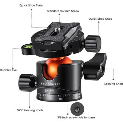 K&F Concept BH-36L Ball Head (KF-31.044V1) (Tête panoramique, Tête sphérique), Tête de trépied, Noir - Publicité K&F Concept BH-36L Ball Head (KF-31.044V1) (Tête panoramique, Tête sphérique), Tête de trépied, Noir - Publicité