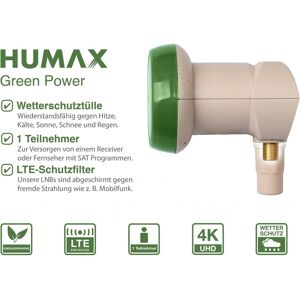 Humax Green Power LNB Protection contre les intempéries, filtre LTE Faible consommation électrique (LNB Single), Tête universelle, Vert, Beige - Publicité Humax Green Power LNB Protection contre les intempéries, filtre LTE Faible consommation électrique (LNB Single), Tête universelle, Vert, Beige - Publicité