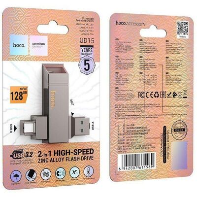 Hoco Memory cards pendrive USB A + USB C UD15 128GB USB3.2 (128 Go, USB-A, USB-C), Clé USB, Gris - Publicité Hoco Memory cards pendrive USB A + USB C UD15 128GB USB3.2 (128 Go, USB-A, USB-C), Clé USB, Gris - Publicité