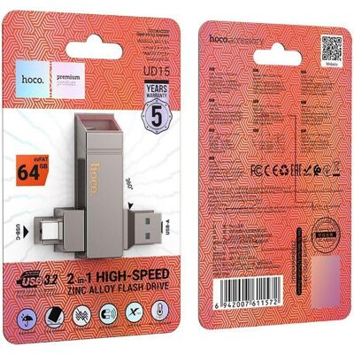 Hoco Memory cards pendrive USB A + USB C UD15 64GB USB3.2 (64 Go, USB-A, USB-C), Clé USB, Argent - Publicité Hoco Memory cards pendrive USB A + USB C UD15 64GB USB3.2 (64 Go, USB-A, USB-C), Clé USB, Argent - Publicité
