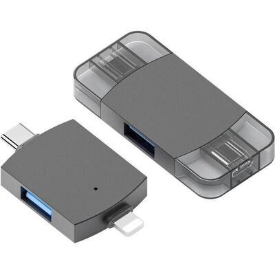 PowerGuard Adaptateur 2 en 1 OTG USB-C Lightning vers double USB 3.0 (Lightning, USB-C), Adaptateur USB, Gris - Publicité PowerGuard Adaptateur 2 en 1 OTG USB-C Lightning vers double USB 3.0 (Lightning, USB-C), Adaptateur USB, Gris - Publicité