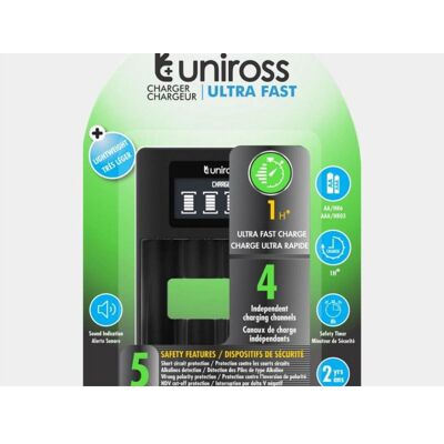 Chargeur de Batteries Uniross UCU005 ULTRA AA/AAA - Rapide, LCD Processeur - Publicité Chargeur de Batteries Uniross UCU005 ULTRA AA/AAA - Rapide, LCD Processeur - Publicité