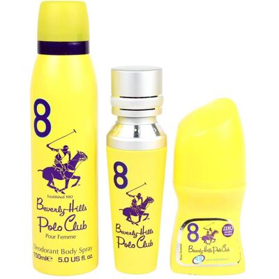 Beverly Hills Polo Club, Set cadeau beauté, 1982 - Sport 8 Eau De Toilette + Fraîcheur Body Spray + No.8 Déodorant Roll-On Pour Femme - Publicité Beverly Hills Polo Club, Set cadeau beauté, 1982 - Sport 8 Eau De Toilette + Fraîcheur Body Spray + No.8 Déodorant Roll-On Pour Femme - Publicité