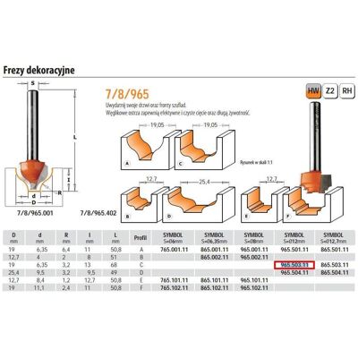 CMT, Tête de fraisage, Decorative Cutter Hm d = 19 d = 6,35 r = 3,2 i = 13 s = 12 - Publicité CMT, Tête de fraisage, Decorative Cutter Hm d = 19 d = 6,35 r = 3,2 i = 13 s = 12 - Publicité