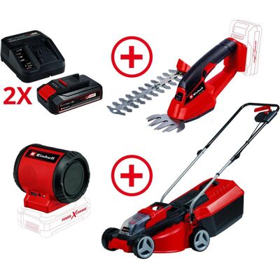 Einhell, Tondeuse à gazon, Tondeuse à gazon sans fil + cisaille à gazon et à buissons sans fil + kit de démarrage 2x 2,5 Ah + (Fonctionnement sur batterie) - Publicité Einhell, Tondeuse à gazon, Tondeuse à gazon sans fil + cisaille à gazon et à buissons sans fil + kit de démarrage 2x 2,5 Ah + (Fonctionnement sur batterie) - Publicité