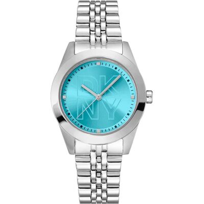 DKNY, Montre, Parsons Logo Damenuhr, Argent, Bleu, Turquoise, (Horloge analogique, 32 mm) - Publicité DKNY, Montre, Parsons Logo Damenuhr, Argent, Bleu, Turquoise, (Horloge analogique, 32 mm) - Publicité