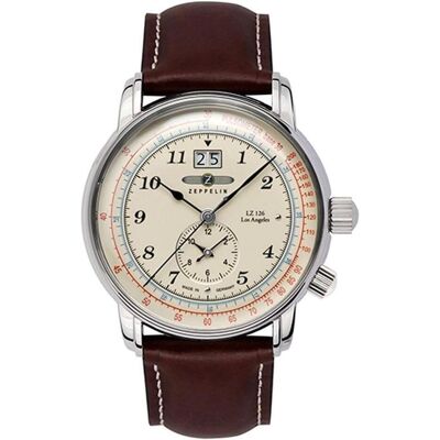 Zeppelin, Montre, Los Angeles, Beige, Marron, Argent, (Chronographe, Horloge analogique, 43 mm) - Publicité Zeppelin, Montre, Los Angeles, Beige, Marron, Argent, (Chronographe, Horloge analogique, 43 mm) - Publicité