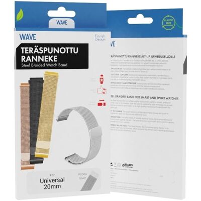 Wave teräspunottu ranneke, äly- ja urheilukelloille, hopea (Acier inoxydable), Sangles de montre, Argent - Publicité Wave teräspunottu ranneke, äly- ja urheilukelloille, hopea (Acier inoxydable), Sangles de montre, Argent - Publicité