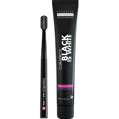 Ensemble Dentifrice et Brosse Curaprox Noir et Blanc - Publicité Ensemble Dentifrice et Brosse Curaprox Noir et Blanc - Publicité