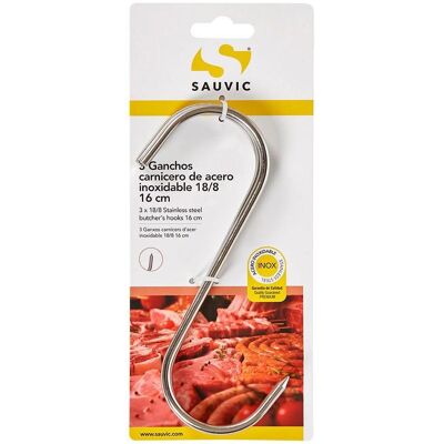 Sauvic, Garde-robe + portant, Crochets de boucher en acier inoxydable 18/8, longueur 16 cm, blister de 3 unités - Publicité Sauvic, Garde-robe + portant, Crochets de boucher en acier inoxydable 18/8, longueur 16 cm, blister de 3 unités - Publicité