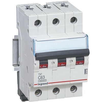 Legrand Disjoncteur, Disjoncteur de protection de ligne TX3 C63A 3 pôles 10kA 3M - Publicité Legrand Disjoncteur, Disjoncteur de protection de ligne TX3 C63A 3 pôles 10kA 3M - Publicité
