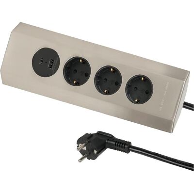 Electraline 62514 Prise murale - 3 prises, 2 USB, Acier inoxydable - Publicité Electraline 62514 Prise murale - 3 prises, 2 USB, Acier inoxydable - Publicité
