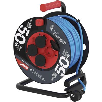 EMOS P08650W - Bobine de câble étanche - 50m, 4 prises, Bleu - Publicité EMOS P08650W - Bobine de câble étanche - 50m, 4 prises, Bleu - Publicité