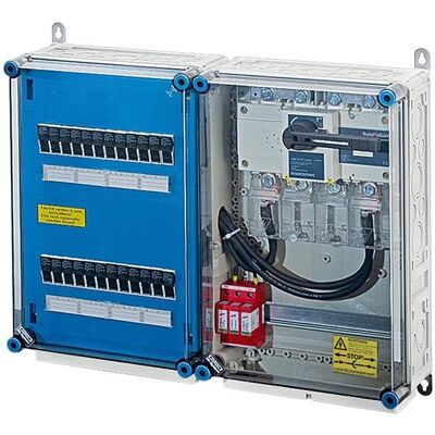Hensel Boîte de jonction, HEN Mi PV 3621 PV-GAK, avec ESS et fusible 12xPV-String 1WR - Publicité Hensel Boîte de jonction, HEN Mi PV 3621 PV-GAK, avec ESS et fusible 12xPV-String 1WR - Publicité