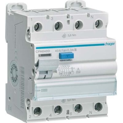 Hager CPA640D Disjoncteur différentiel - 4p 10kA 40A 300mA S - Publicité Hager CPA640D Disjoncteur différentiel - 4p 10kA 40A 300mA S - Publicité