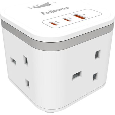 Fellowes Multiprise, Power Cube 3x230v 1xUSB-A 2x USB-C Socket 2m Cable White - 100137166 (3x, USB-A, USB-C, 2 m) - Publicité Fellowes Multiprise, Power Cube 3x230v 1xUSB-A 2x USB-C Socket 2m Cable White - 100137166 (3x, USB-A, USB-C, 2 m) - Publicité