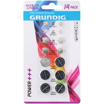 Grundig Pile bouton 14 pièces (14 pcs, AG12, AG4, CR2016, CR2025, CR2032, LR41, LR44, 38 mAh), Batteries + piles - Publicité Grundig Pile bouton 14 pièces (14 pcs, AG12, AG4, CR2016, CR2025, CR2032, LR41, LR44, 38 mAh), Batteries + piles - Publicité