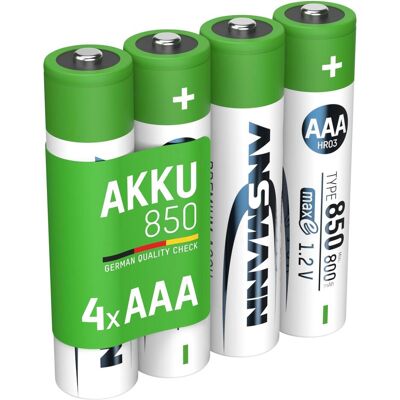 Ansmann Batterie NiMH Micro AAA type 850 (min. 800 mAh) maxE (4 pcs, AAA, 800 mAh), Batteries + piles - Publicité Ansmann Batterie NiMH Micro AAA type 850 (min. 800 mAh) maxE (4 pcs, AAA, 800 mAh), Batteries + piles - Publicité