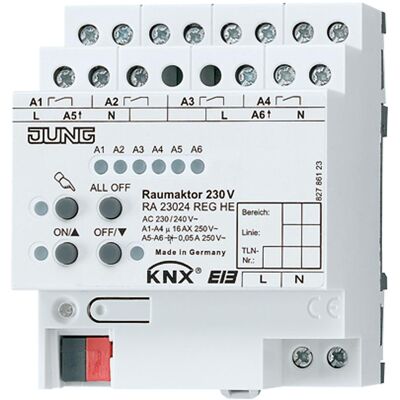JUNG, Actionneur, Actionneur de commutation KNX REG 4TE 6 sorties 16A 3000W RA23024REGHE (Actionneur de commutation) - Publicité JUNG, Actionneur, Actionneur de commutation KNX REG 4TE 6 sorties 16A 3000W RA23024REGHE (Actionneur de commutation) - Publicité