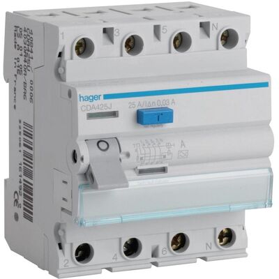 Hager, Disjoncteur, RCD 4P 25A 0,03A A CDA425J - Publicité Hager, Disjoncteur, RCD 4P 25A 0,03A A CDA425J - Publicité