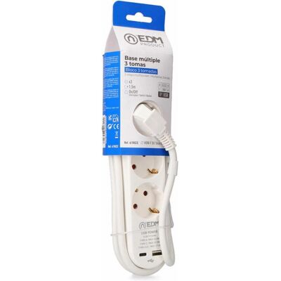 EDM, Multiprise, Steckdosenleiste mit 3 Steckdosen mit Schalter 41822 Weiss 3680 W 250 V 30 W (1,5 m) (3x, USB-A, USB-C, 1.50 m) - Publicité EDM, Multiprise, Steckdosenleiste mit 3 Steckdosen mit Schalter 41822 Weiss 3680 W 250 V 30 W (1,5 m) (3x, USB-A, USB-C, 1.50 m) - Publicité