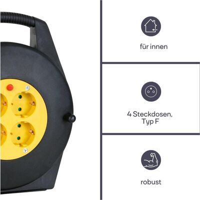 Perel Enrouleur à câble, Enrouleur de câble 10 mètres 4 prises Schuko (10 m, 1.50 mm²² mm) - Publicité Perel Enrouleur à câble, Enrouleur de câble 10 mètres 4 prises Schuko (10 m, 1.50 mm²² mm) - Publicité
