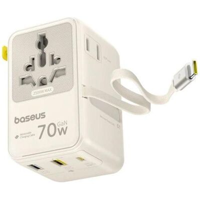 Baseus, Adaptateur de voyage, Adaptateur podróżny EnerCore CG11 70W 6w1 ze zwijanym kablem USB-C - biały - Publicité Baseus, Adaptateur de voyage, Adaptateur podróżny EnerCore CG11 70W 6w1 ze zwijanym kablem USB-C - biały - Publicité
