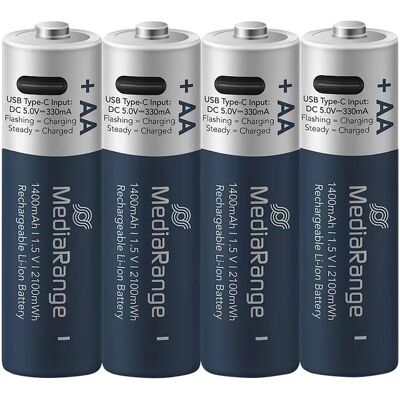 MediaRange Rechargeable USB-C (4 pcs, AA, 1400 mAh), Batteries + piles - Publicité MediaRange Rechargeable USB-C (4 pcs, AA, 1400 mAh), Batteries + piles - Publicité