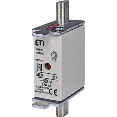 Eti, Fusible, 004181211 Cartouche fusible (NH000 (50 A) - Publicité Eti, Fusible, 004181211 Cartouche fusible (NH000 (50 A) - Publicité