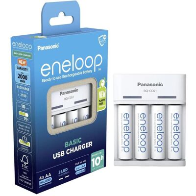Panasonic Chargeur USB de base eneloop BQ-CC61 (4 pcs, AA, Piles rechargeables + chargeur), Chargeur de batterie - Publicité Panasonic Chargeur USB de base eneloop BQ-CC61 (4 pcs, AA, Piles rechargeables + chargeur), Chargeur de batterie - Publicité