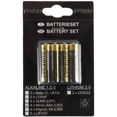 Ventura AAA BATTERIE ALCALINE LR03 1,5V PACKAGE 4 PIECES (4 pcs, AAA), Batteries + piles - Publicité Ventura AAA BATTERIE ALCALINE LR03 1,5V PACKAGE 4 PIECES (4 pcs, AAA), Batteries + piles - Publicité