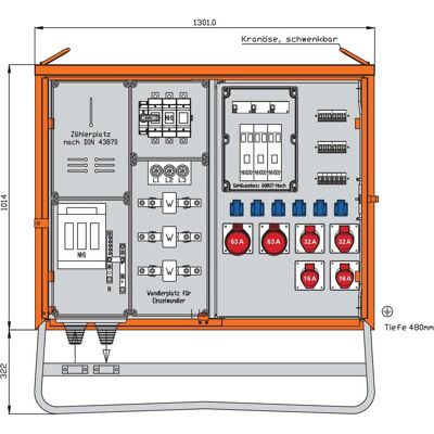 Walther Werke, Distributeur de chantier, WAL WAV0265R1 Boîtier de raccordement 111kVA (6x, CEE 16/5, CEE 32/5, CEE 63/5) - Publicité Walther Werke, Distributeur de chantier, WAL WAV0265R1 Boîtier de raccordement 111kVA (6x, CEE 16/5, CEE 32/5, CEE 63/5) - Publicité