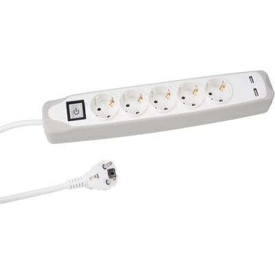 Perel Multiprise, Barrette de 5 prises STECK avec interrupteur - 2 ports USB - CABLE : 1.5 m - GRIS/BLANC? - SCHUKO (5x, CEE 7/3, 1 m) - Publicité Perel Multiprise, Barrette de 5 prises STECK avec interrupteur - 2 ports USB - CABLE : 1.5 m - GRIS/BLANC? - SCHUKO (5x, CEE 7/3, 1 m) - Publicité
