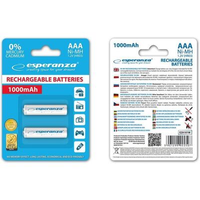 Esperanza EZA101W BATTERIES RECHARGEABLES Ni-MH AAA 1000MAH 2PCS. - BLANC (2 pcs, AAA, 1000 mAh), Batteries + piles - Publicité Esperanza EZA101W BATTERIES RECHARGEABLES Ni-MH AAA 1000MAH 2PCS. - BLANC (2 pcs, AAA, 1000 mAh), Batteries + piles - Publicité