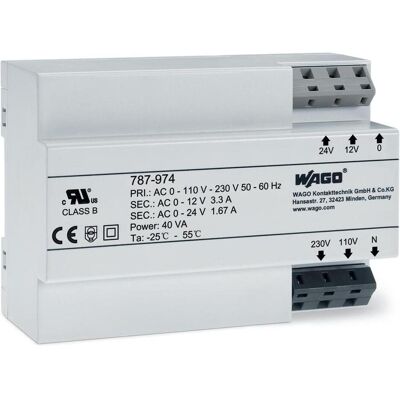 WAGO 787-974 - Transformateur - 40VA - AC 230V à AC 12-24V - Publicité WAGO 787-974 - Transformateur - 40VA - AC 230V à AC 12-24V - Publicité