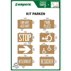 Ampere, Peinture : accessoires, Jeu de pochoirs, terrains industriels, texte et symboles, 8 pochoirs différents - Publicité Ampere, Peinture : accessoires, Jeu de pochoirs, terrains industriels, texte et symboles, 8 pochoirs différents - Publicité