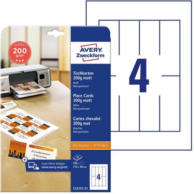 Cartes de Table Microperforées Blanches Avery - 110x40mm - Pack de 100 - Publicité Cartes de Table Microperforées Blanches Avery - 110x40mm - Pack de 100 - Publicité