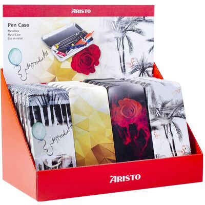 Aristo, Trousse, Présentoir 24 étuis en métal, Pen Case, 4 motifs assortis - Publicité Aristo, Trousse, Présentoir 24 étuis en métal, Pen Case, 4 motifs assortis - Publicité