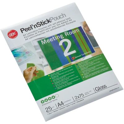 GBC, Films de plastification, PEEL'N STICK POUCH - brillant (A4, 25 pcs, 150 µm) - Publicité GBC, Films de plastification, PEEL'N STICK POUCH - brillant (A4, 25 pcs, 150 µm) - Publicité