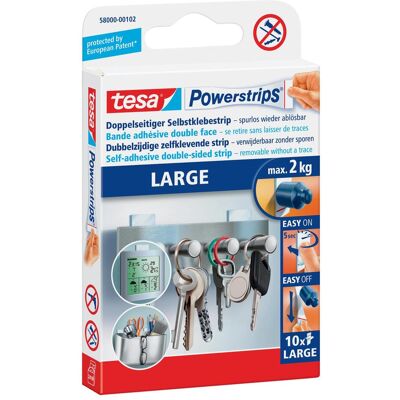 tesa, Crochet adhésif + clou adhésif, Powerstrips LARGE, 2kg de maintien, 10x bandes adhésives double face - Publicité tesa, Crochet adhésif + clou adhésif, Powerstrips LARGE, 2kg de maintien, 10x bandes adhésives double face - Publicité